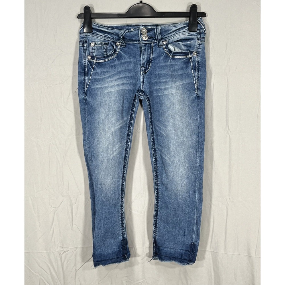 Y2K WALLFLOWER Blue Stretch Denim CRYSTAL/LACE POCKETS Cropped SKINNY JEANS 5